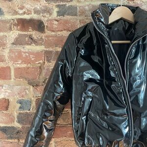 NWT Charlotte Black Faux Patent Leather Puffer Jacket - Size S